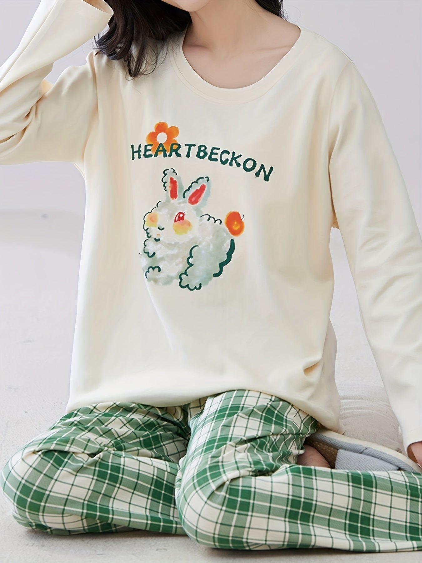 Bunny Print Pajama Set Long Sleeve Crew Neck & Plaid Pants