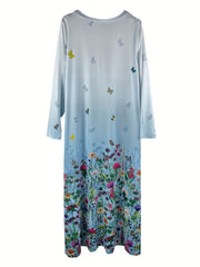 Floral & Butterfly Print Long Sleeve V Neck Maxi Dress