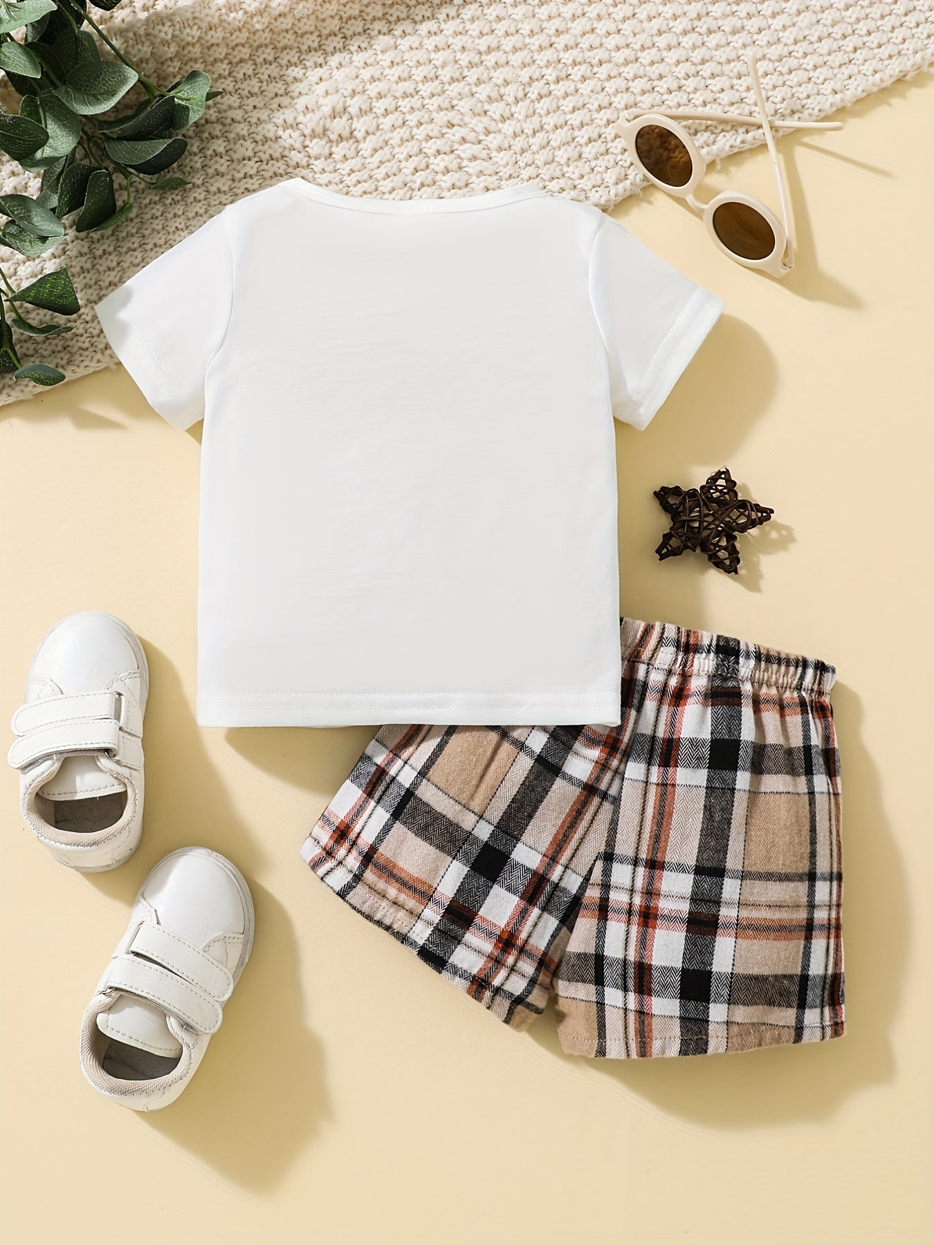 Baby Boys Bear & Bag Graphic T shirt Plaid Shorts Set