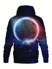 Planet Print Hoodies For Men Graphic Sweatshirt With Kangaroo Pocket