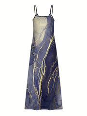 Marble Print Maxi Dress Spaghetti Strap Sleeveless Casual Dress