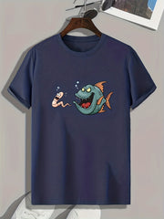 Cartoon Fish Pattern Print Men's Comfy Sports T-shirt Graphic Tee
