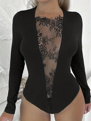 Sexy Lace Splicing Semi Sheer Bodysuit Long Sleeve Slim One Piece Bodysuit
