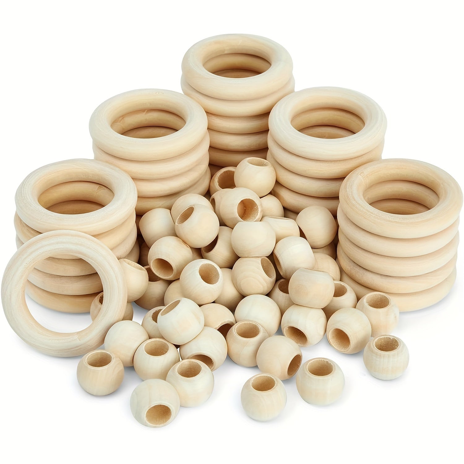 50pcs Wooden Beads & 30pcs Wood Rings for Macrame DIY Pendant Connectors