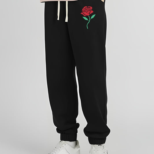Men s Rose Print Casual Drawstring Sweatpants