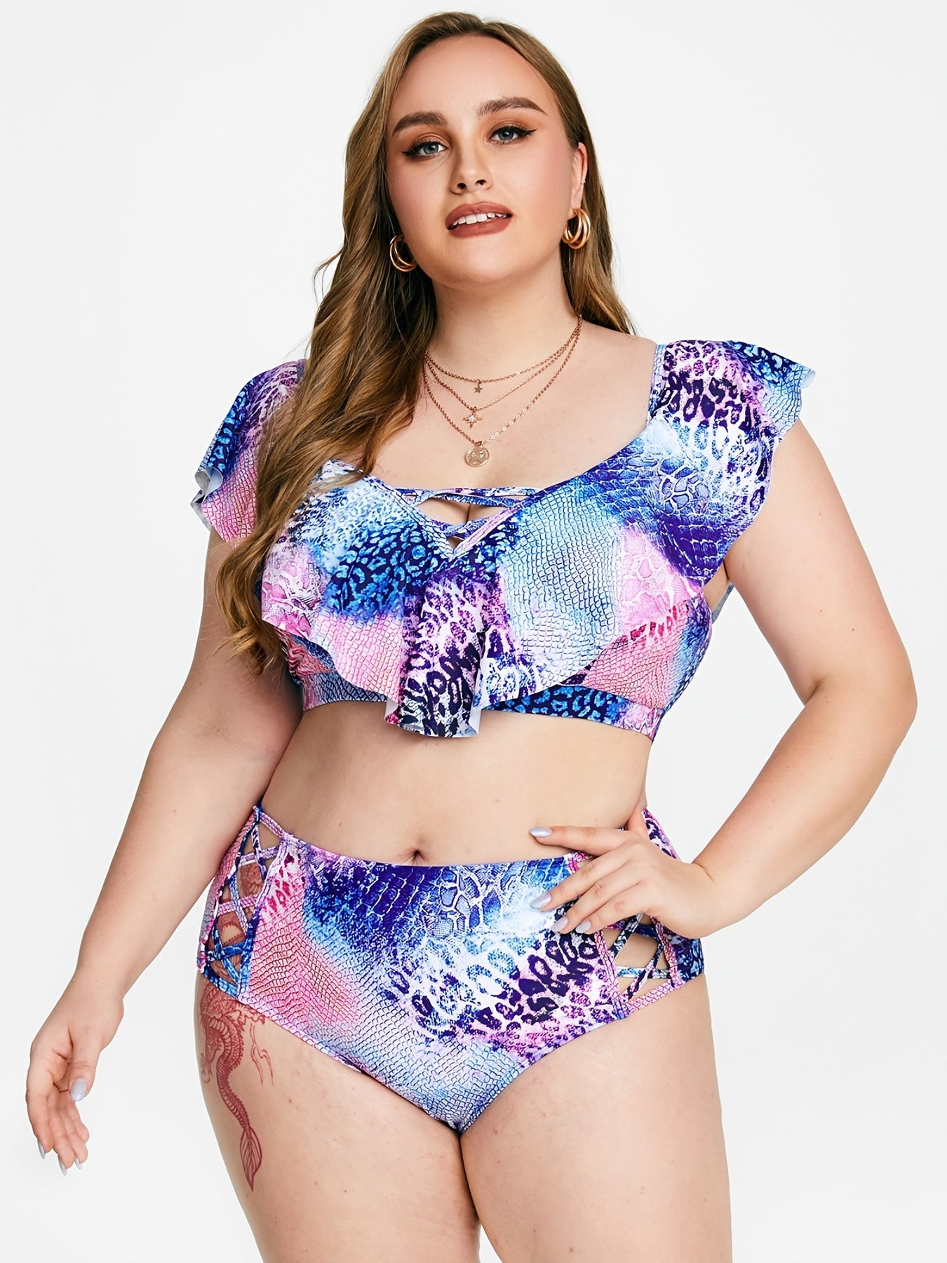 Animal Print Ruffle Trim Swimsuit Set