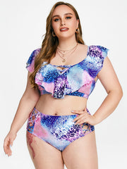 Animal Print Ruffle Trim Swimsuit Set
