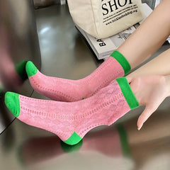 Argyle Pattern Socks Colorblock Crew Socks Women's Stockings