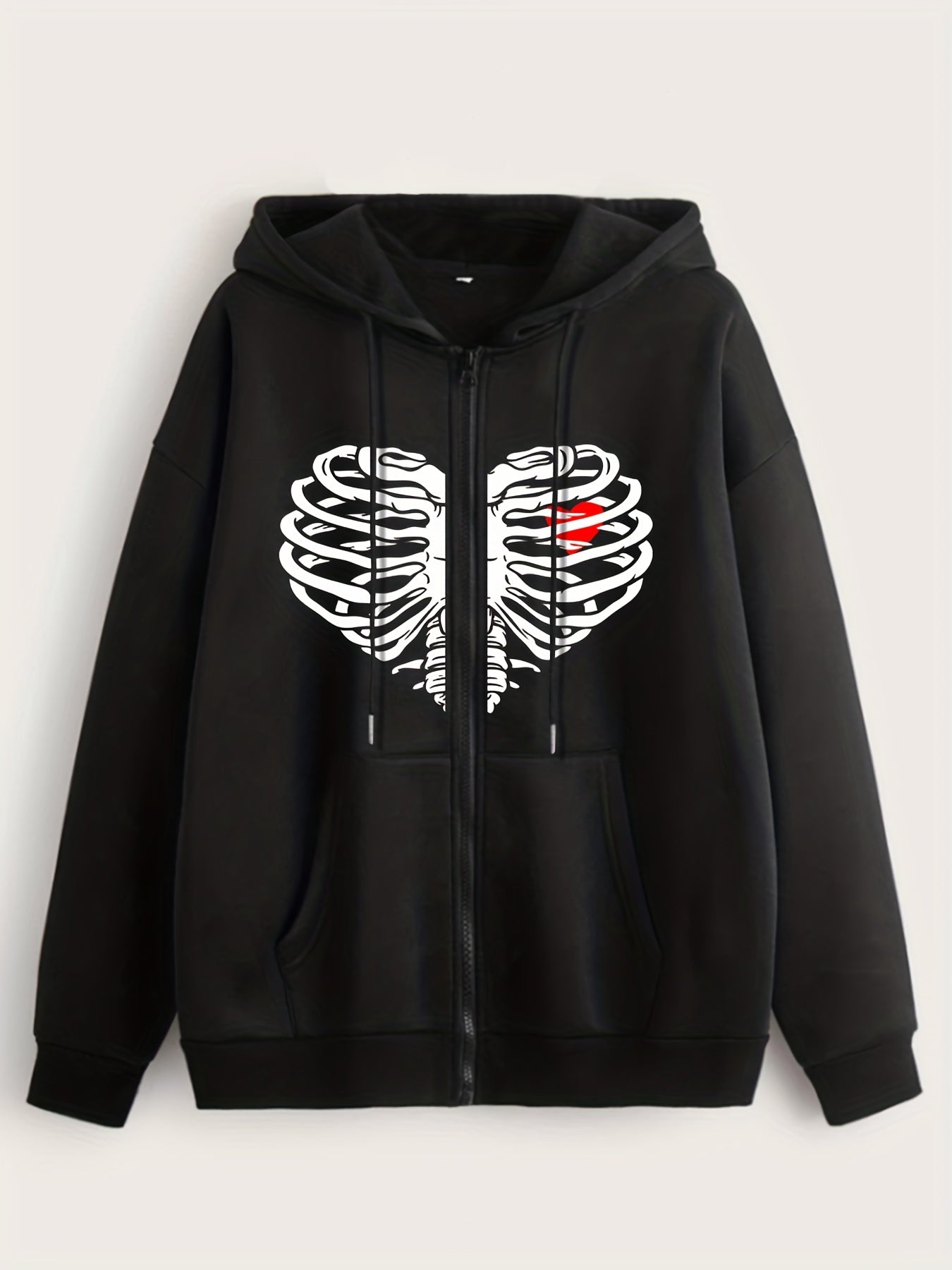 Halloween Skull Heart Print Zip Hoodie