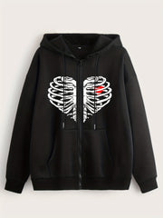 Halloween Skull Heart Print Zip Hoodie