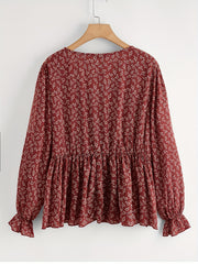 Boho Blouse Women's Floral Print Tie Front V Neck Peplum Top