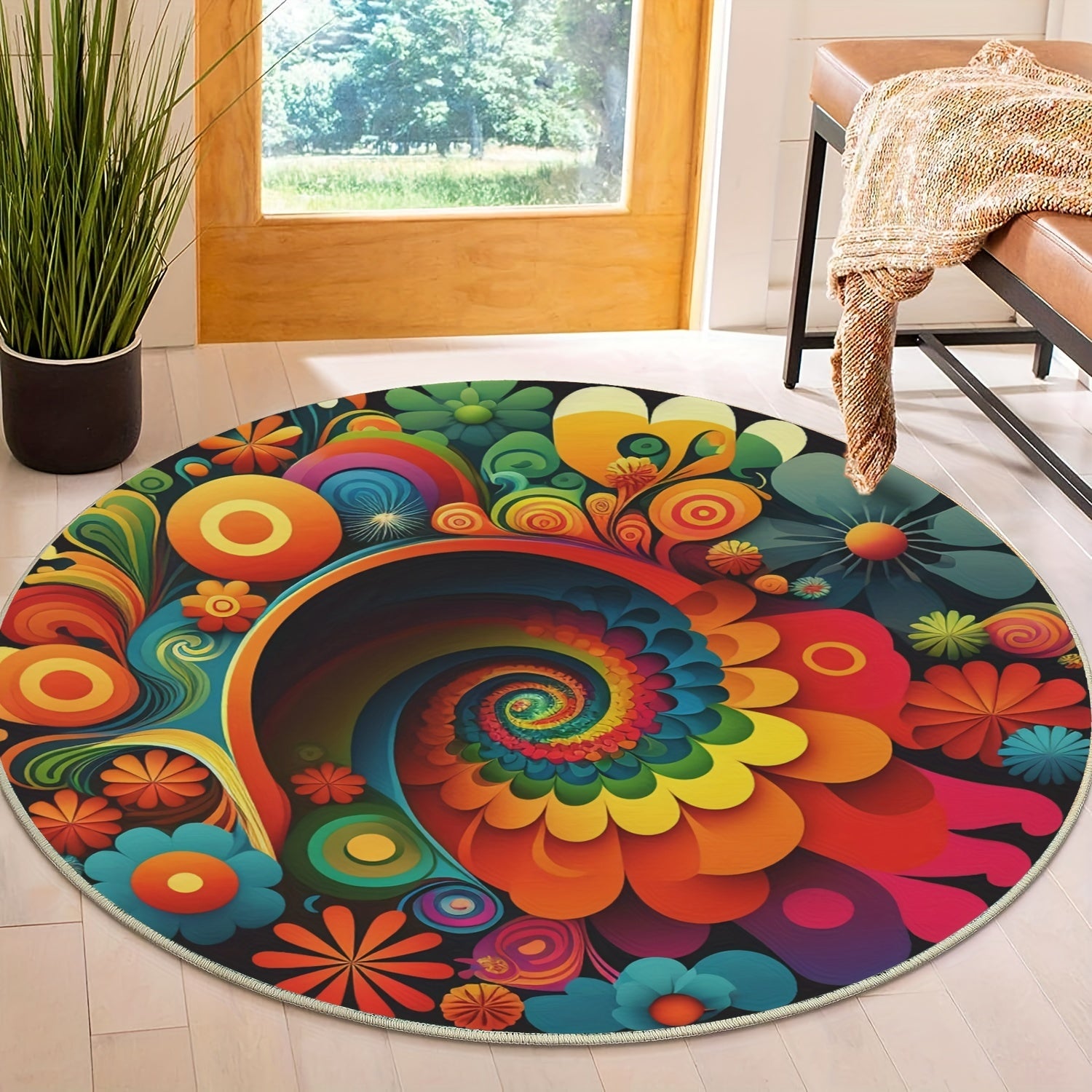 Colorful Ornamental Round Area Rug Soft Circles Carpet Non Slip