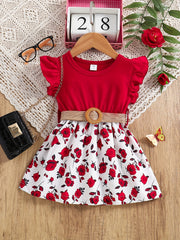 Girls Floral Print Belted Dress Flutter Sleeve Fancy Party Costume