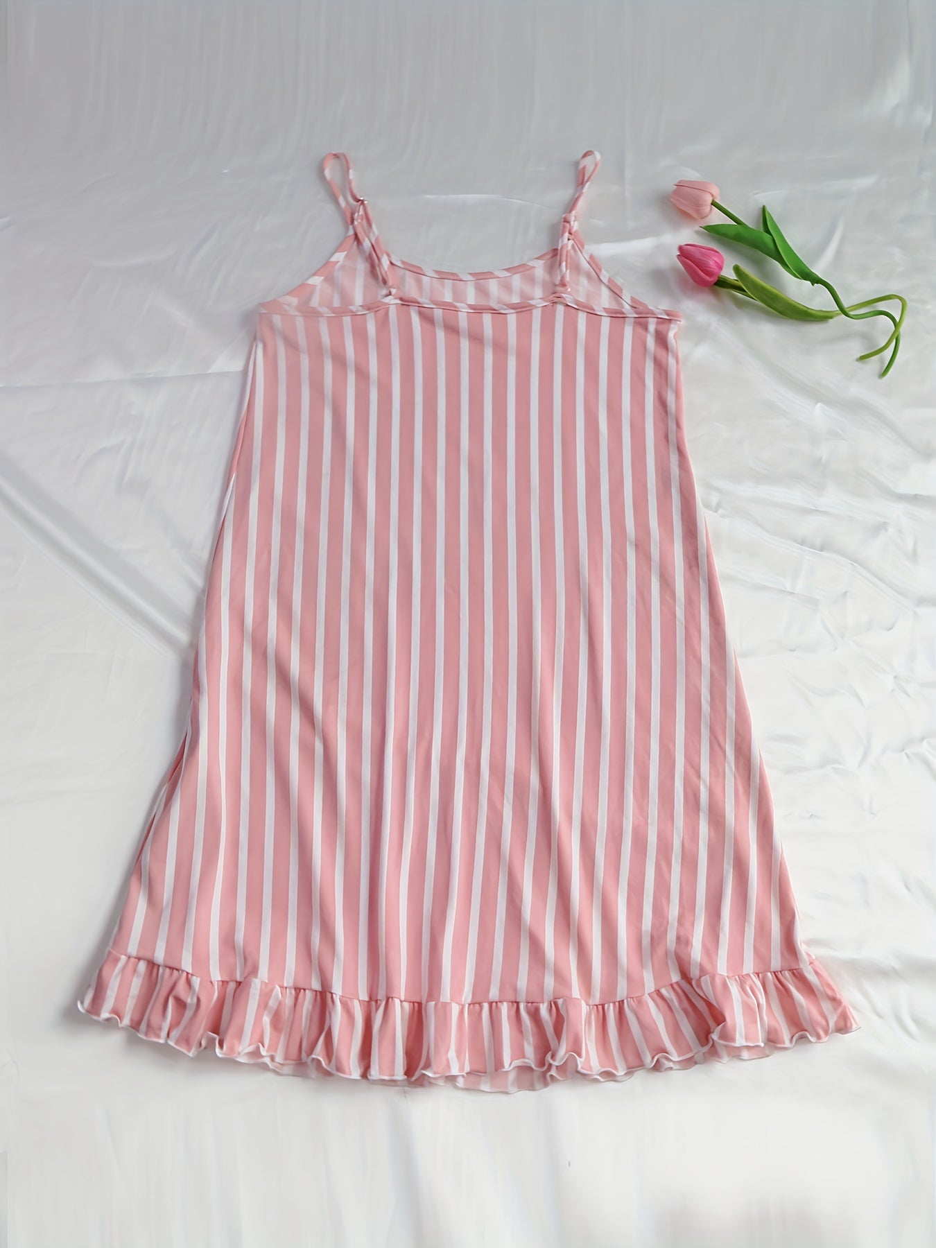 Striped Print Nightdress Sexy Ruffle Spaghetti Strap Sleep Dress