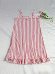 Striped Print Nightdress Sexy Ruffle Spaghetti Strap Sleep Dress