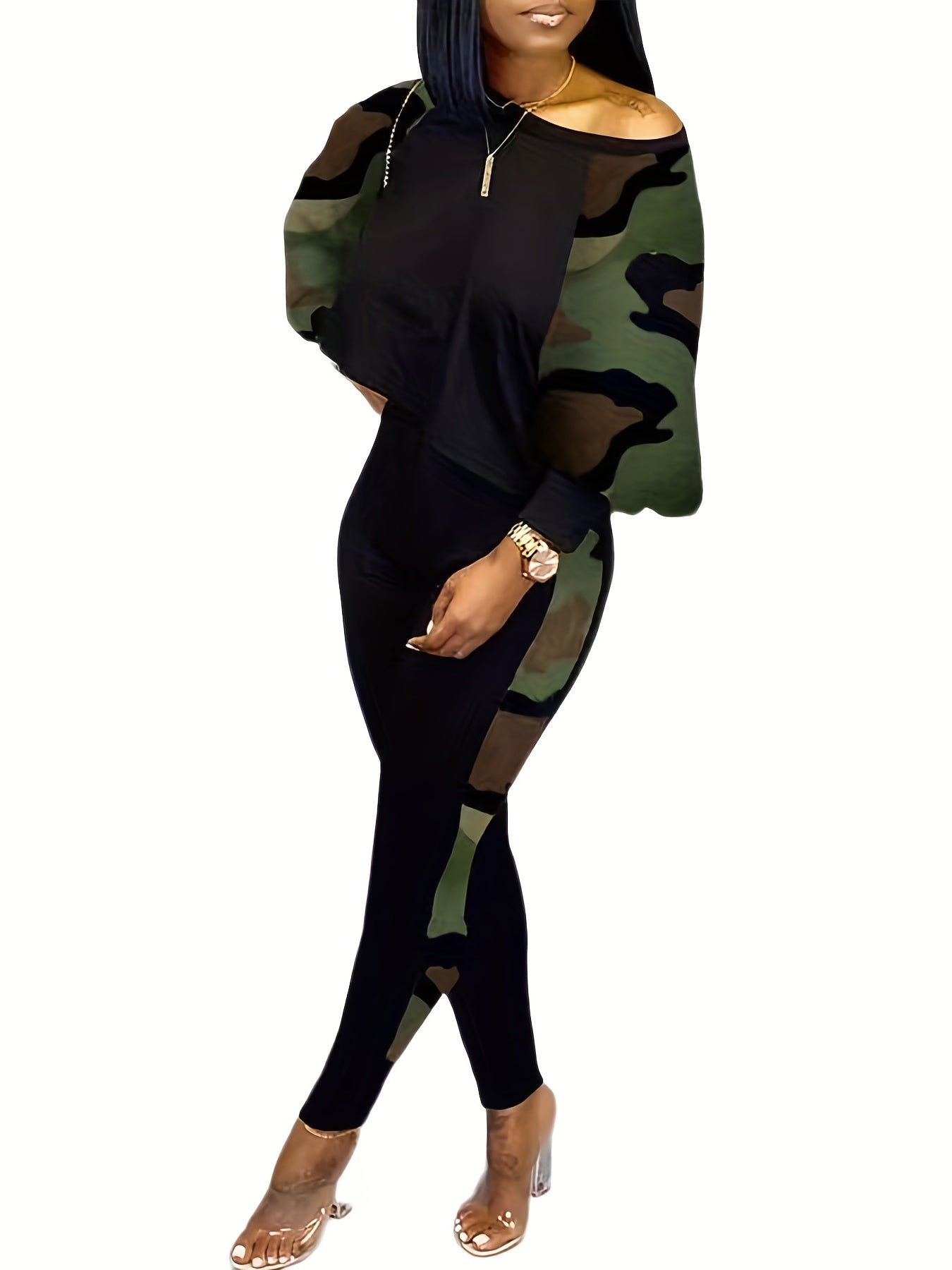 Patchwork Casual 2pc Set Long Sleeve Top & Long Pants