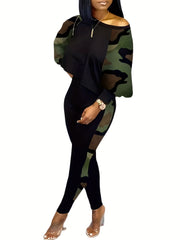 Patchwork Casual 2pc Set Long Sleeve Top & Long Pants