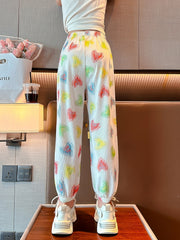 Girls Hearts Print Wide Leg Casual Pants Trousers Breathable And Thin Cotton