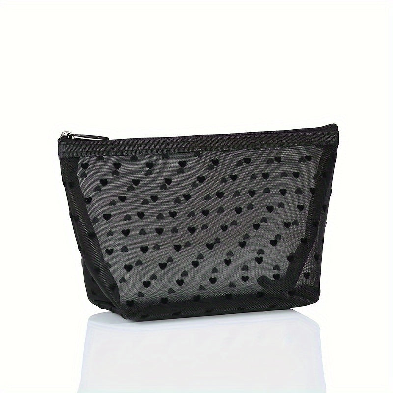 Heart Zipper Mesh Cosmetic Bag Portable Toiletry Bag For Women Girls