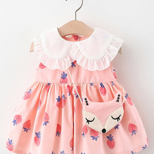 2pcs Girls Strawberry Sleeveless Doll Collar Summer Dress & Bag Set Clothes