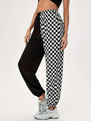 Colorblock Checker Print High Rise Joggers