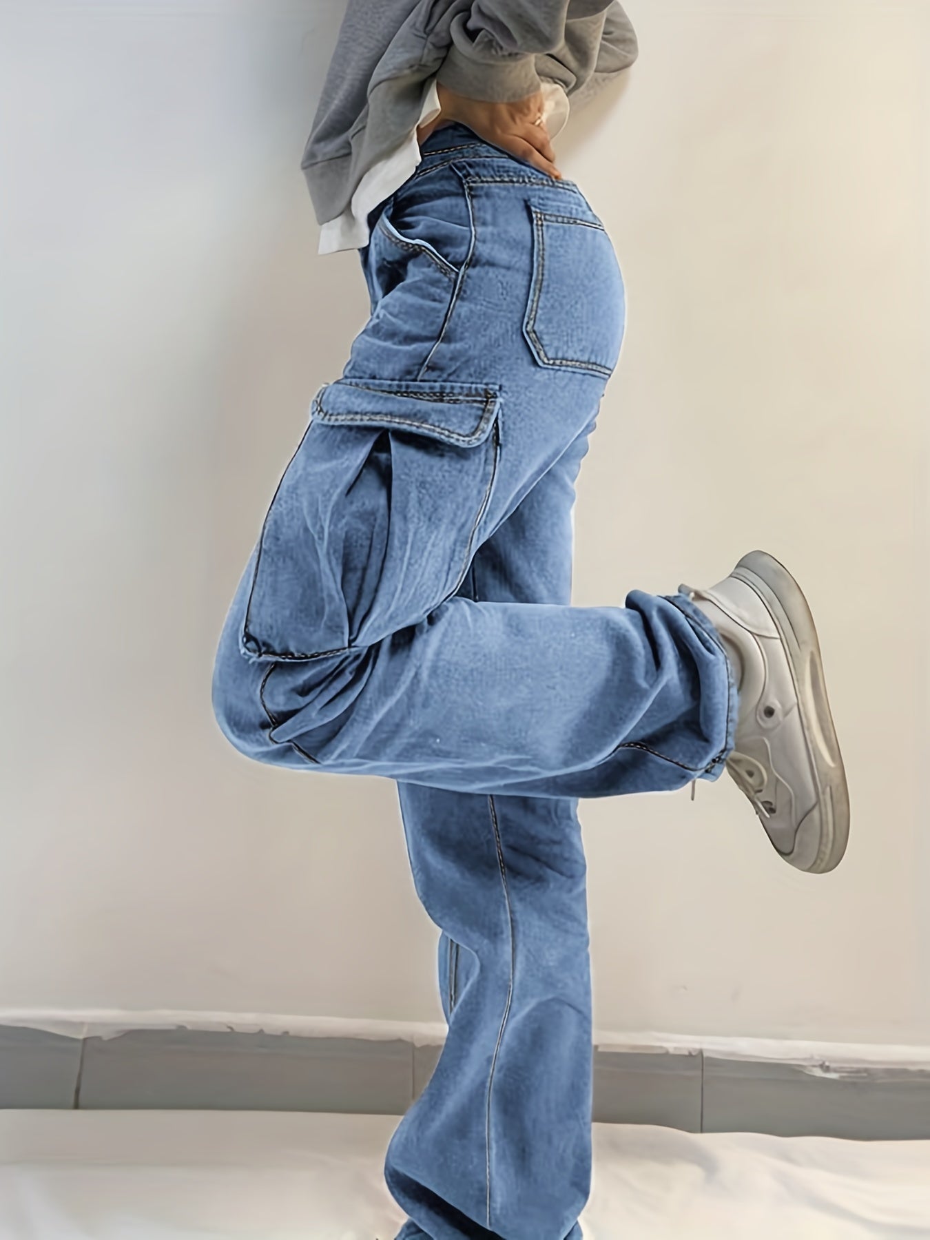 Side Flap Pocket Cargo Jeans Mid Waist Loose Fit Denim Pants