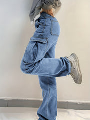 Side Flap Pocket Cargo Jeans Mid Waist Loose Fit Denim Pants