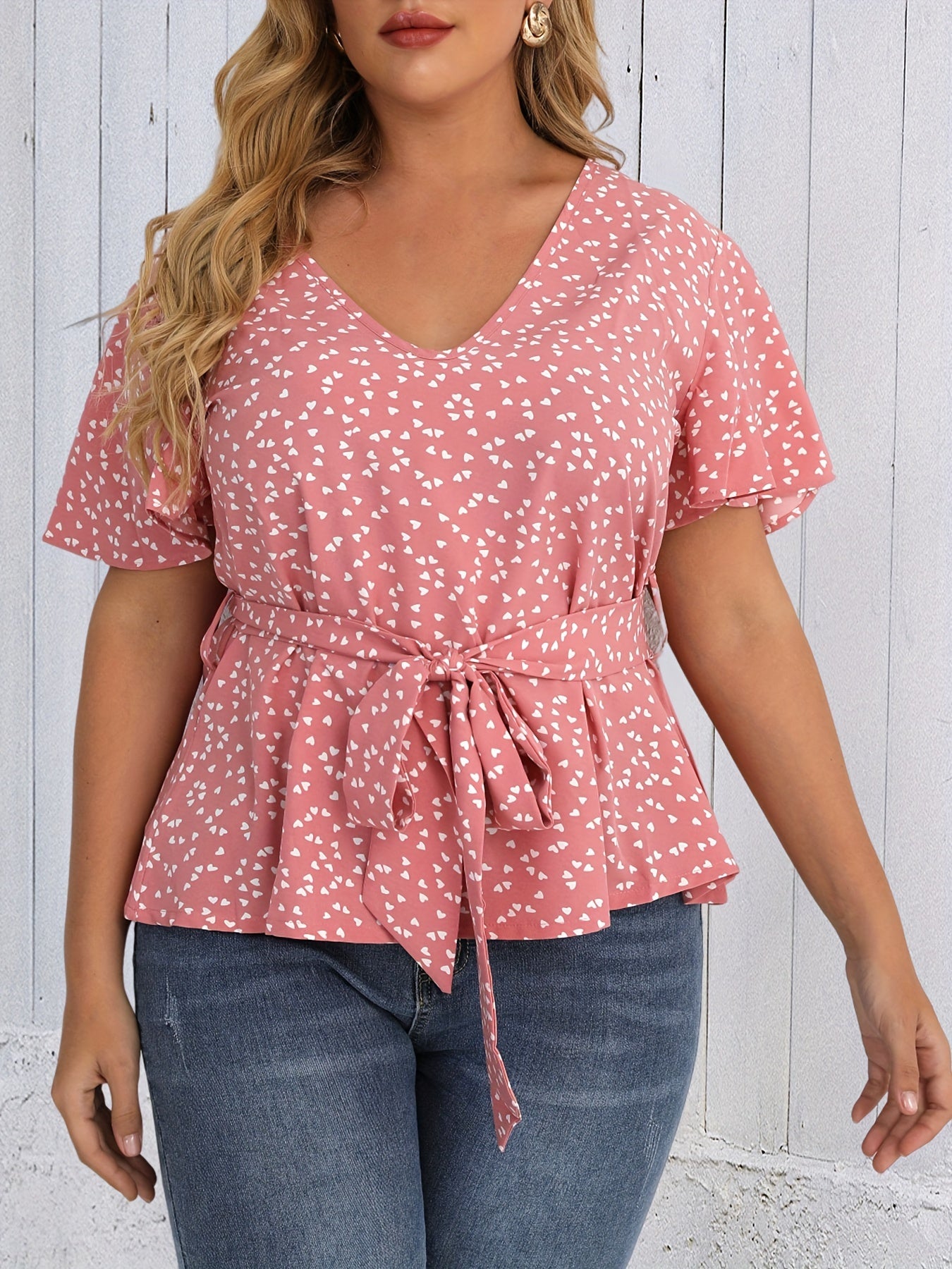 Heart Print Short Sleeve Peplum Top With Belt