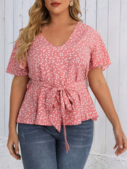 Heart Print Short Sleeve Peplum Top With Belt