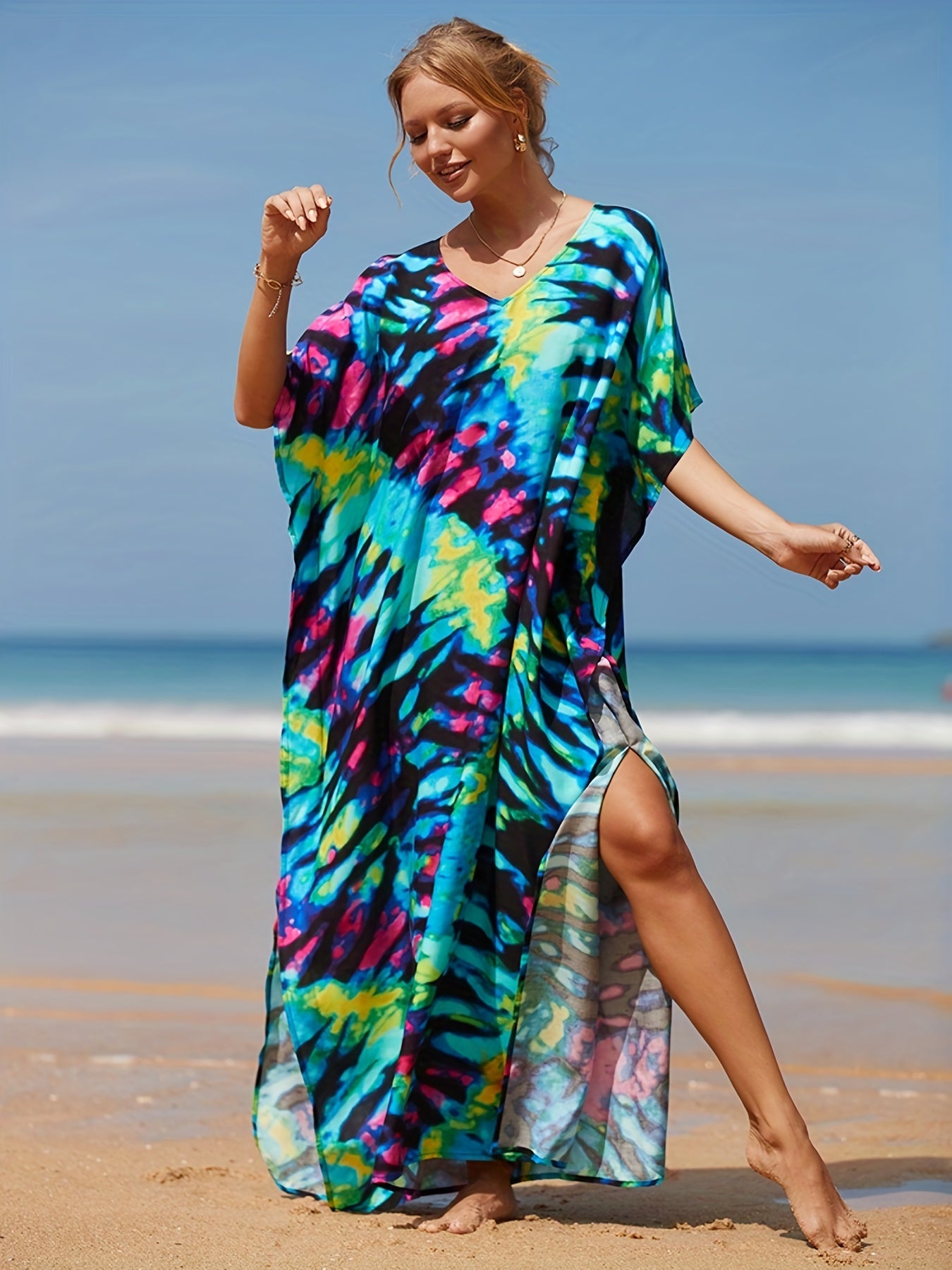 Casual Cover Up Dress Women's Plus Random Print Bat Sleeve V Neck