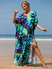 Casual Cover Up Dress Women's Plus Random Print Bat Sleeve V Neck