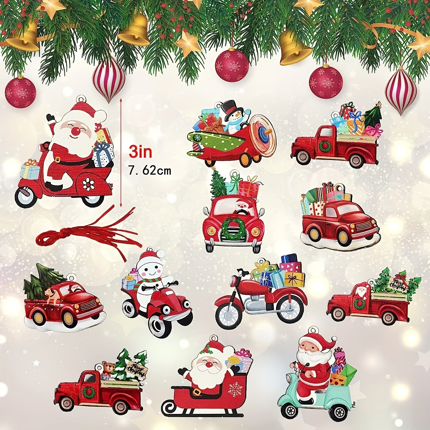 12pcs Red Truck Christmas Ornaments Snowman Xmas Tree Decorations