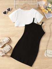 2pcs Toddler Girls BE HAPPY Graphic T Shirts & Cami Dress Set
