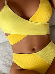 Colorblock Rib Knit Bikini Sets V Neck High Cut High Stretch Two Pieces Swimsuit