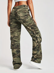 Camo Flap Pockets Straight Jeans High Waist Loose Fit Cargo Denim Pants