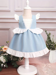 Block Ruffle Trim Little Girls Puffy Gown Dress for Party Wedding