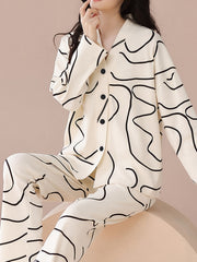 Geometric Print Pajama Set Long Sleeve Top & Pants Women's Sleepwear