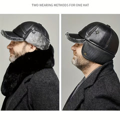 Winter Baseball Cap with Earflaps Faux Leather Warm Dad Hat