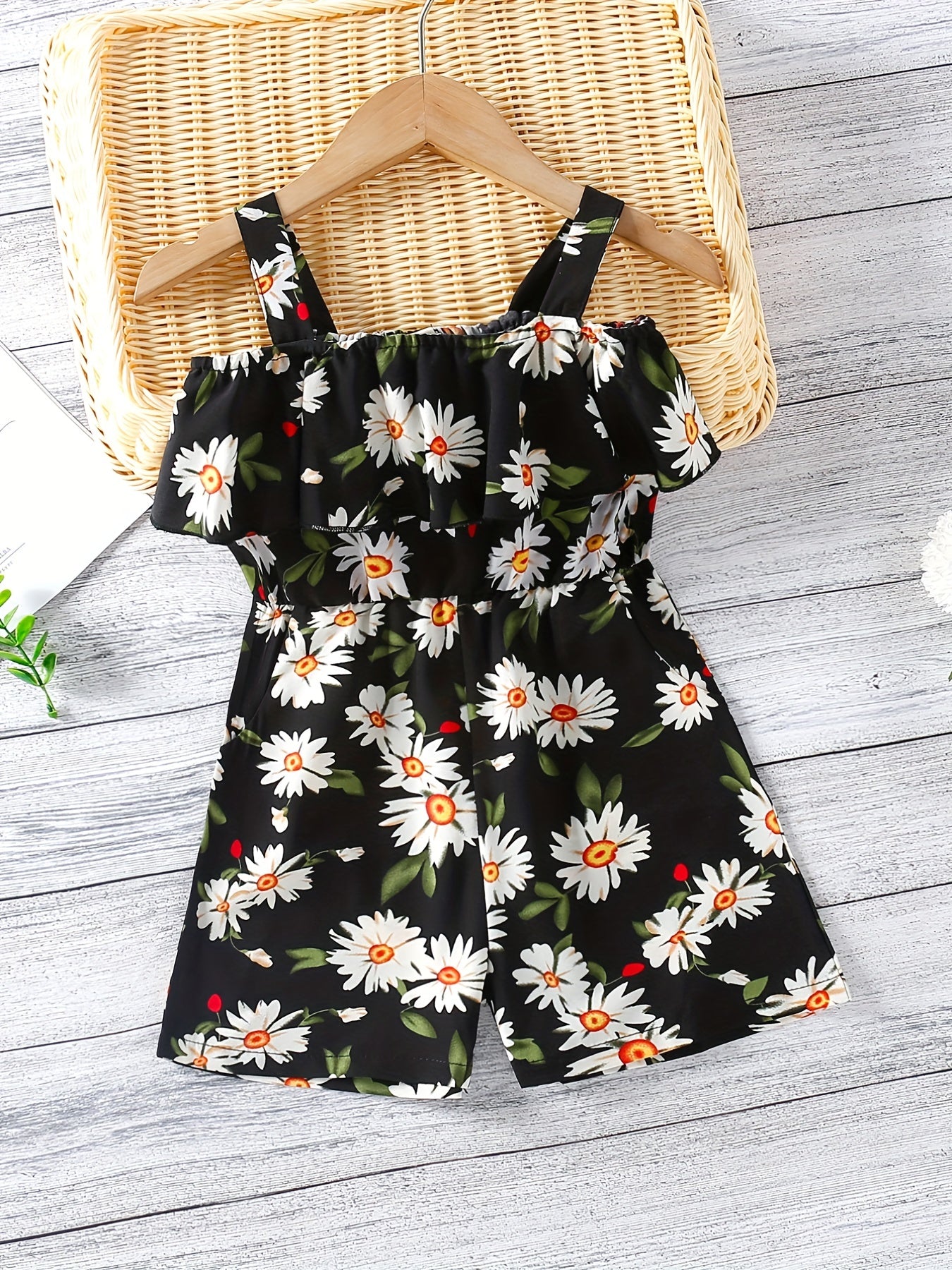 Floral Cold Shoulder Ruffle Trim Romper Jumpsuit Girls Summer Clothes
