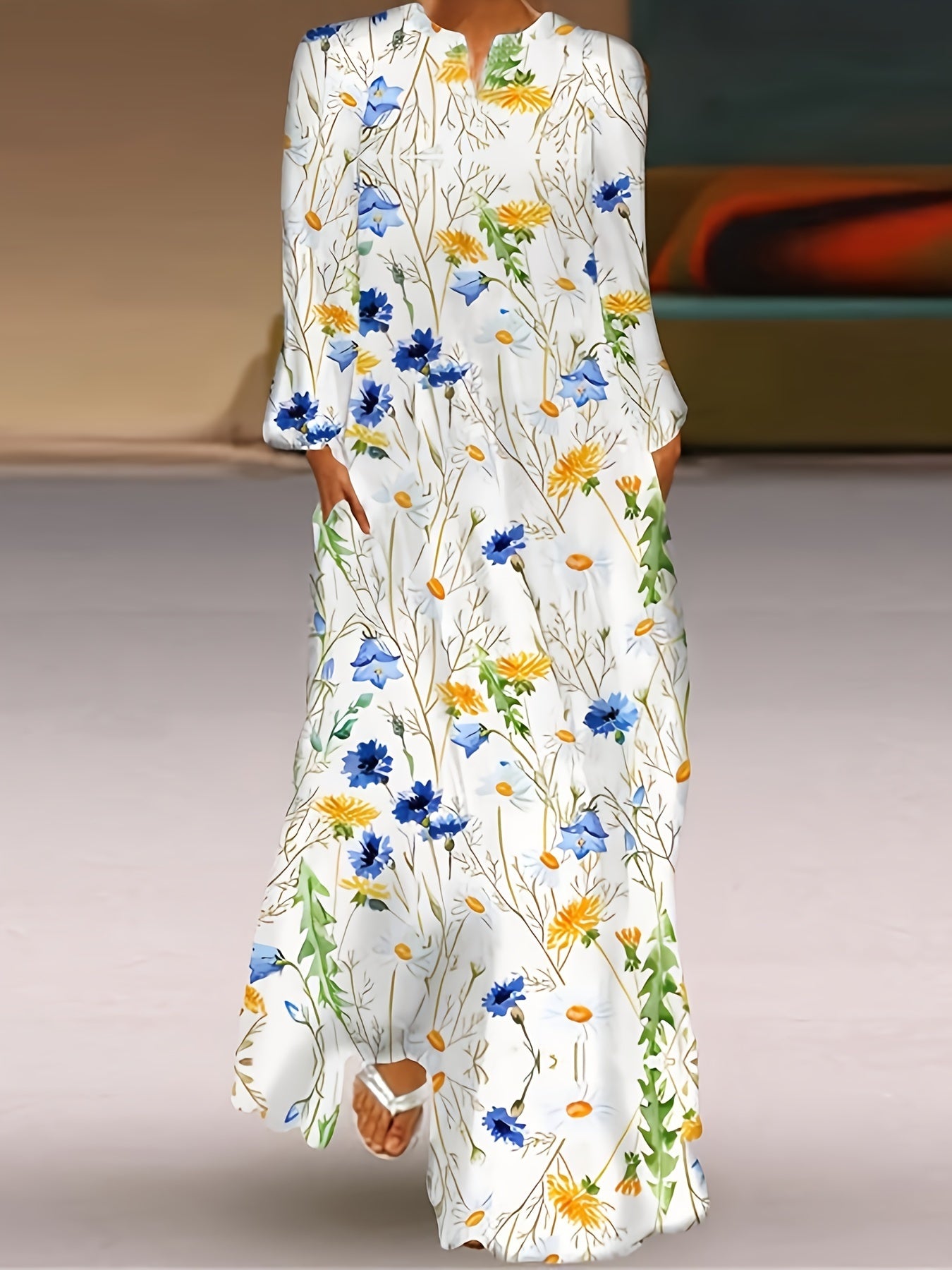 Women's Floral Print Maxi Dress with Pockets