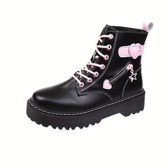 Pink Heart Pattern Combat Boots Chunky Heel Side Zipper Platform Boots