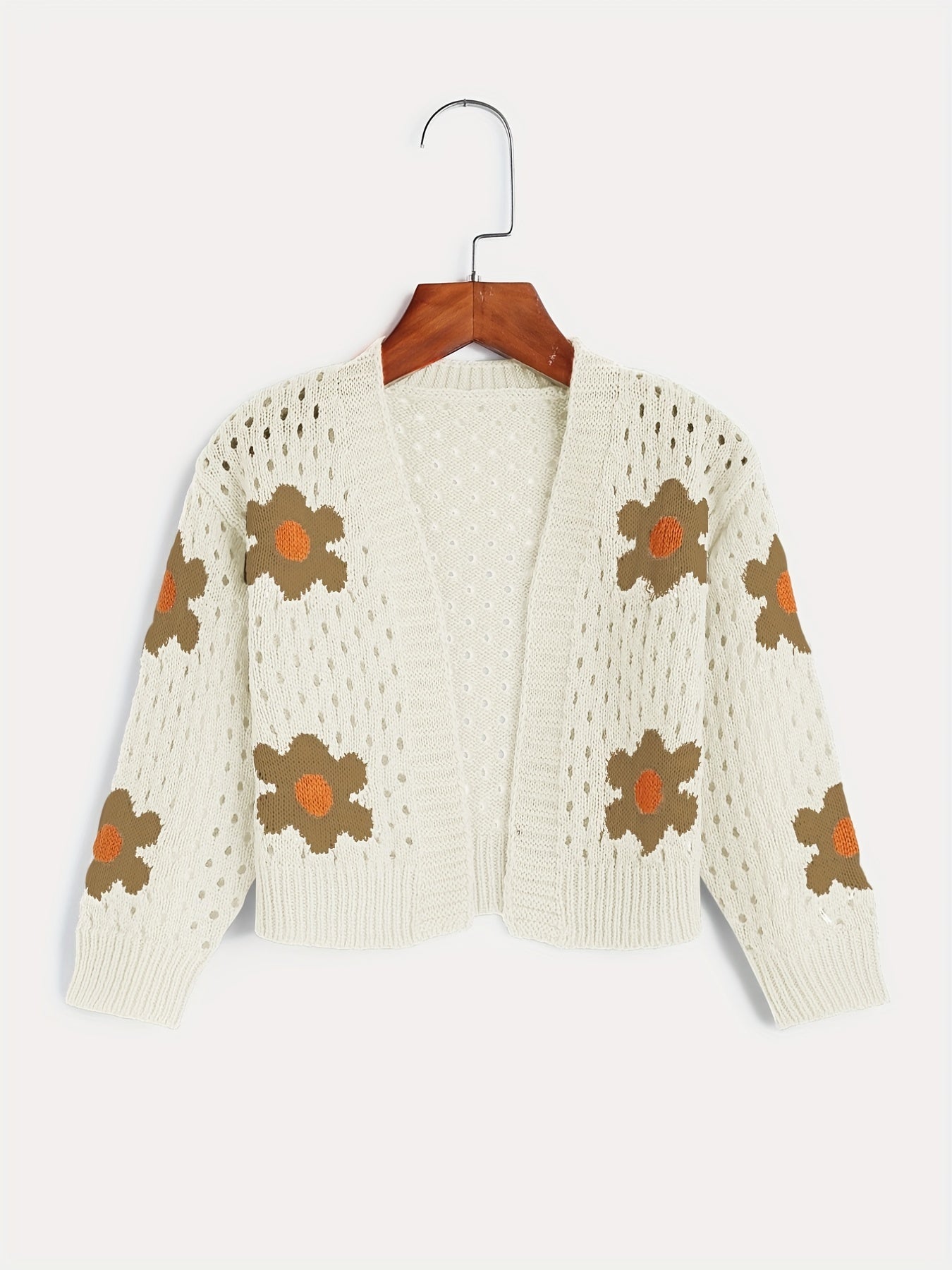 Girls Flower Jacquard Sweater Cardigan Long Sleeve Sweater Coat