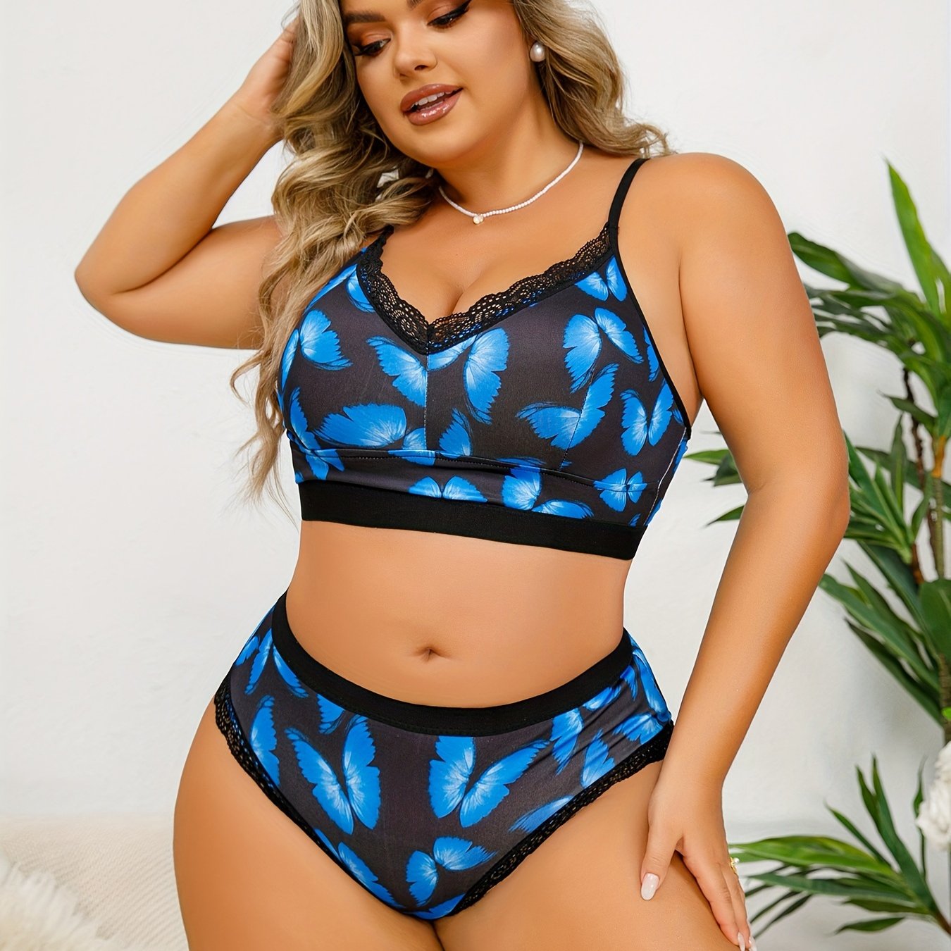 Butterfly Print Lace Trim Bra & Panty Set