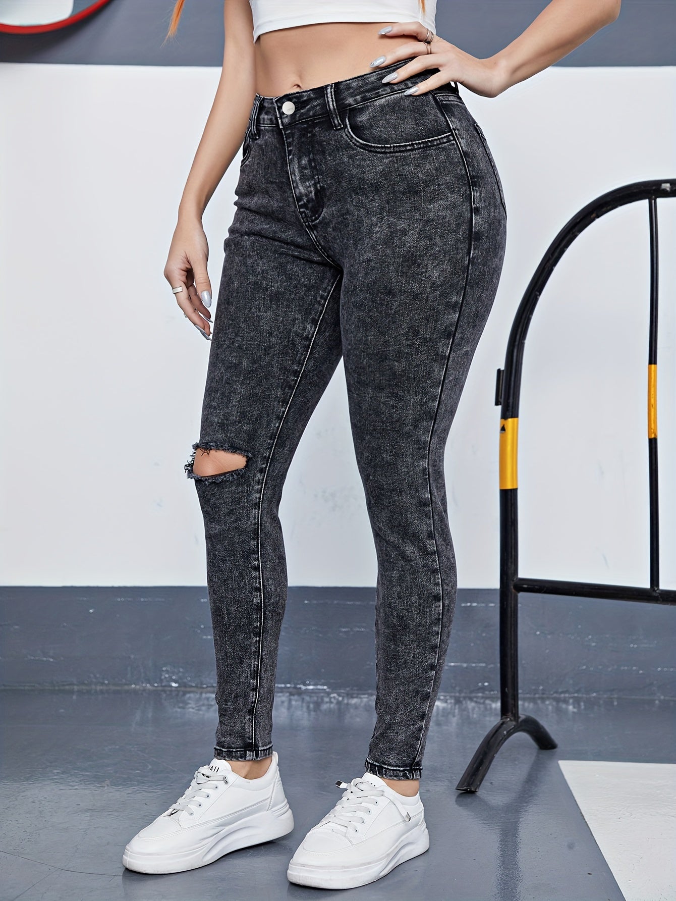 Ripped Button Fly Slim Fit Jeans