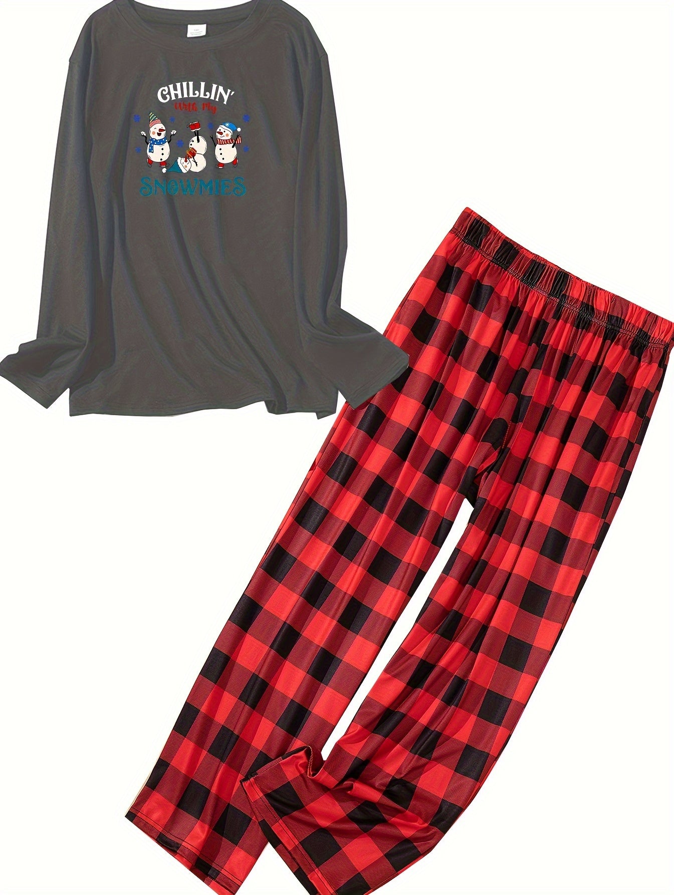 Christmas Lounge Set Snowman Print Tee & Plaid Pants Pajamas 2 Piece