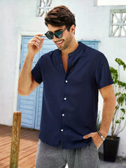 Men's Solid Button Up Short Sleeve Shirt for Summer