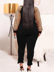 Leopard Print Pullover & Drawstring Pants Set Plus Size Long Sleeve Outfits