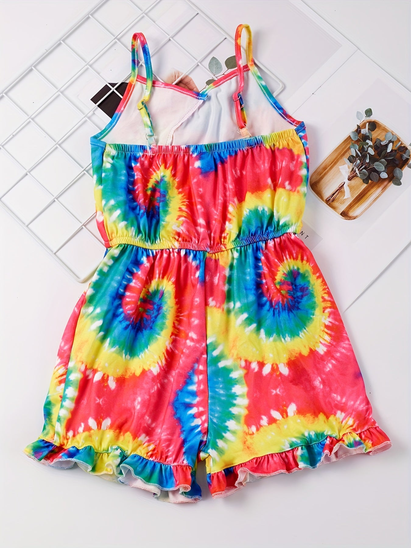 Girls Spiral Tie Dye Ruffle Trim Sleeveless Jumpsuit