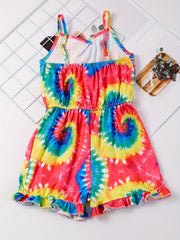 Girls Spiral Tie Dye Ruffle Trim Sleeveless Jumpsuit
