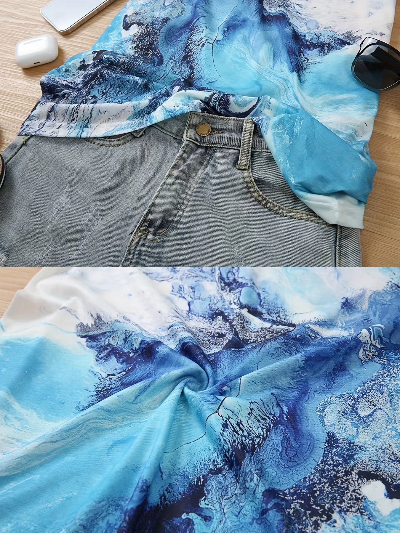 Marble Print Round Neck Casual T-shirt